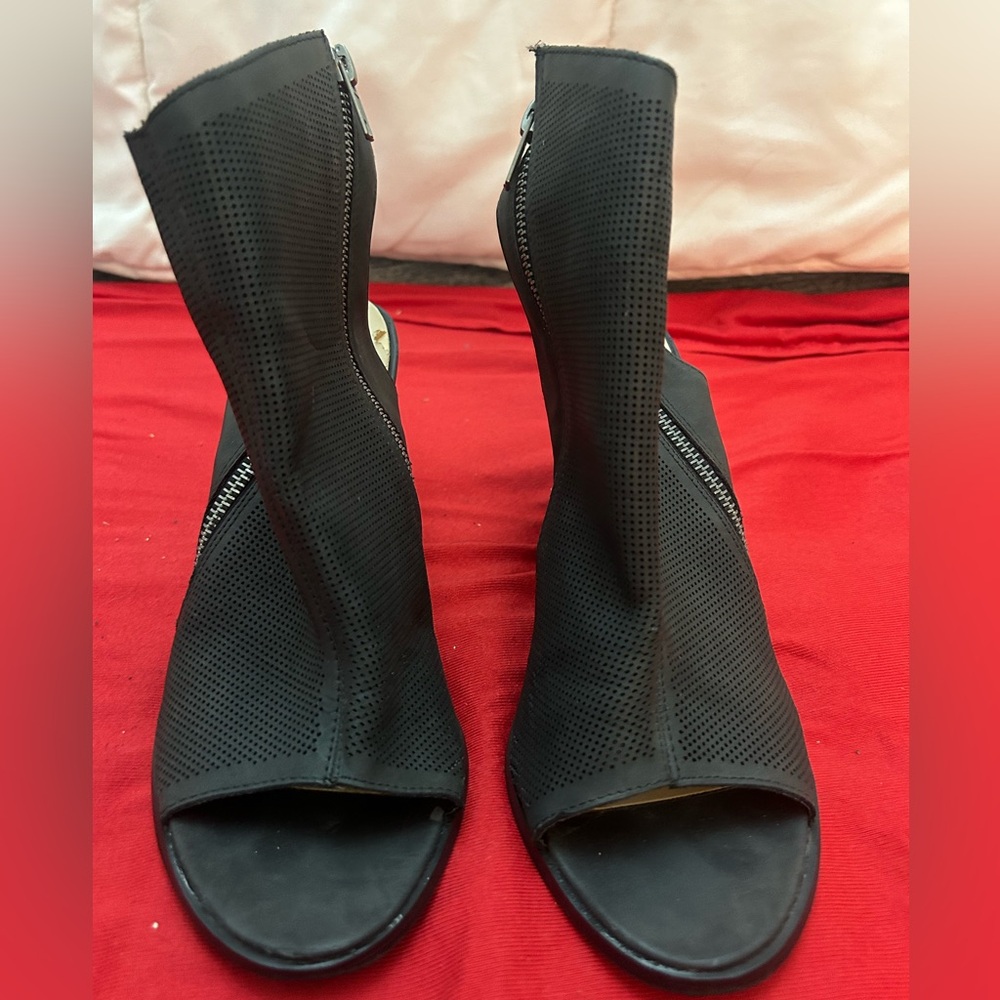 Black Perforated Open-Toe Ankle Boots